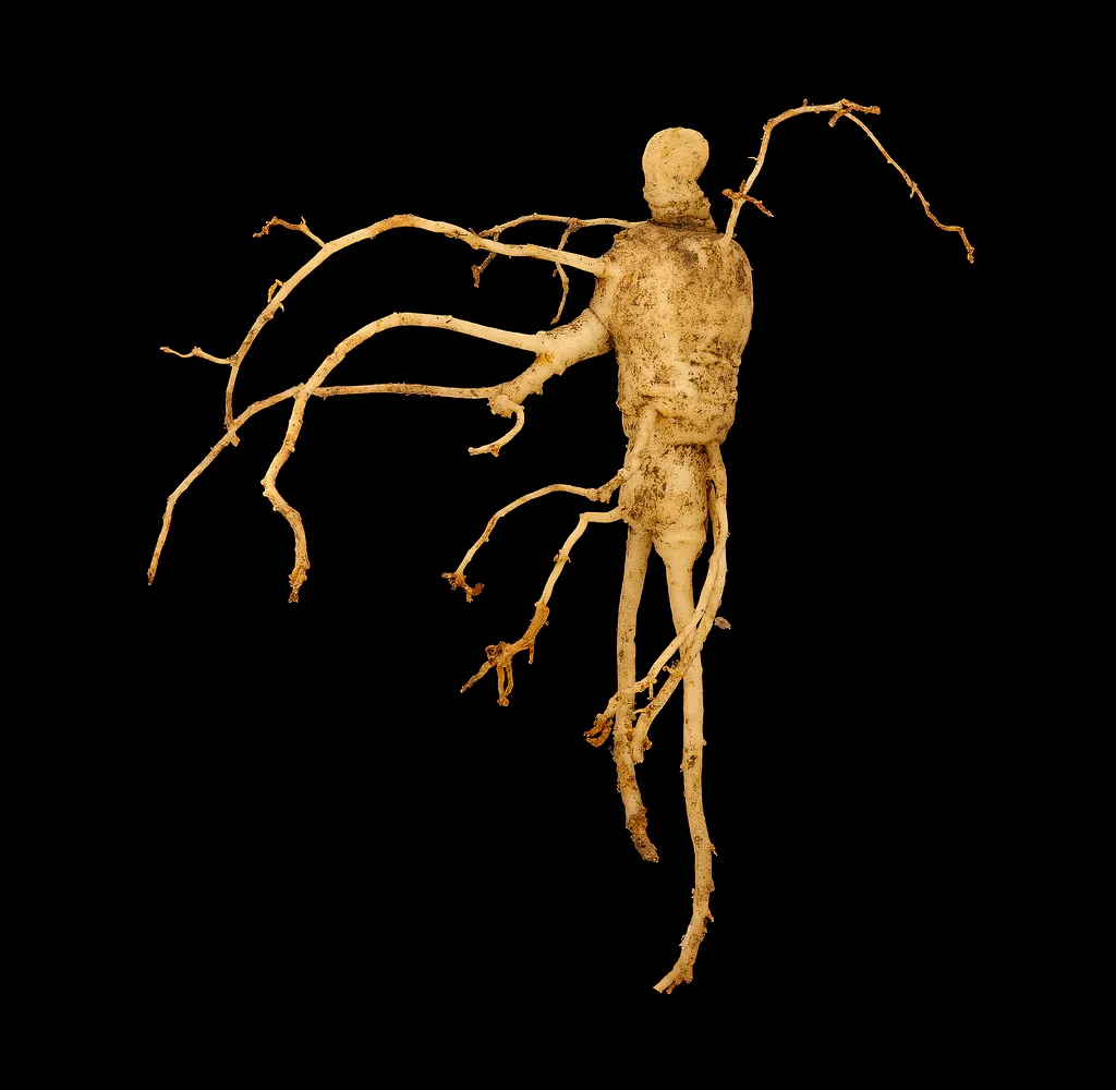 Single whole ginseng root with fine side roots on a dark background
